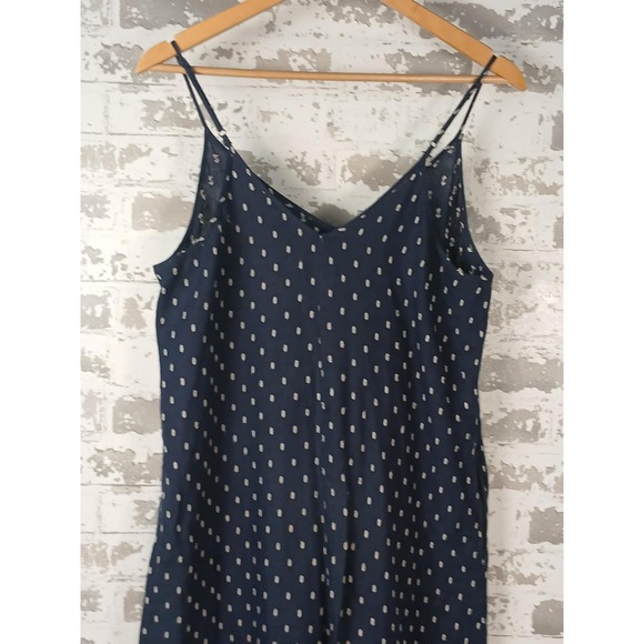 ATHLETA Linen Jumpsuit Size 8‎ Wide Leg Pockets Navy Embroidered Swiss Dot